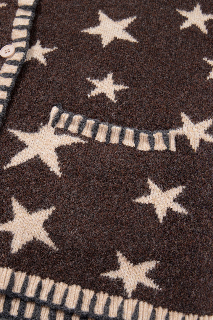 Brown Stars Pattern Colorblock Long Sleeve Shift Cardigan
