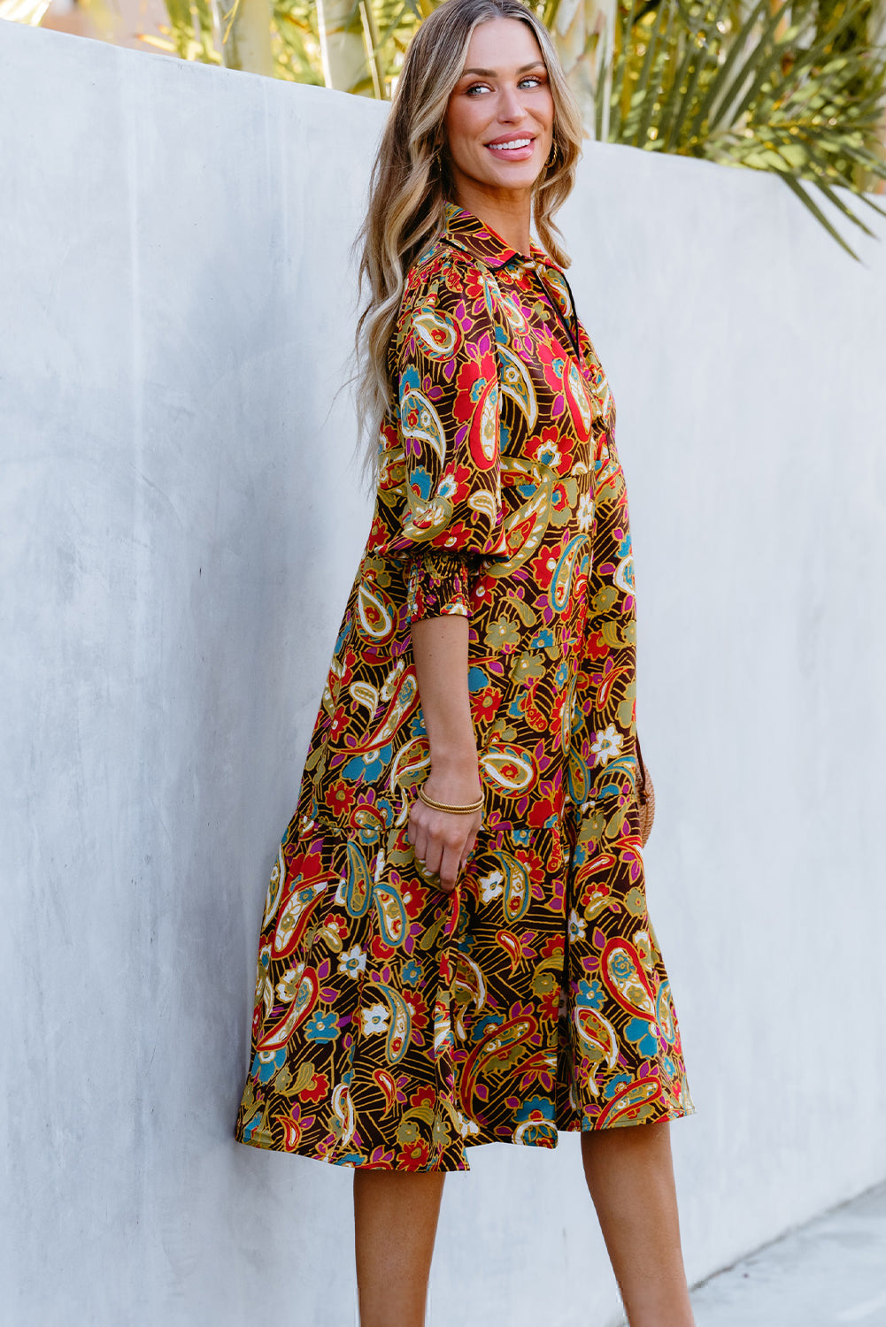 Yellow Paisley Mixed Print Collared 3/4 Sleeve Midi Dress