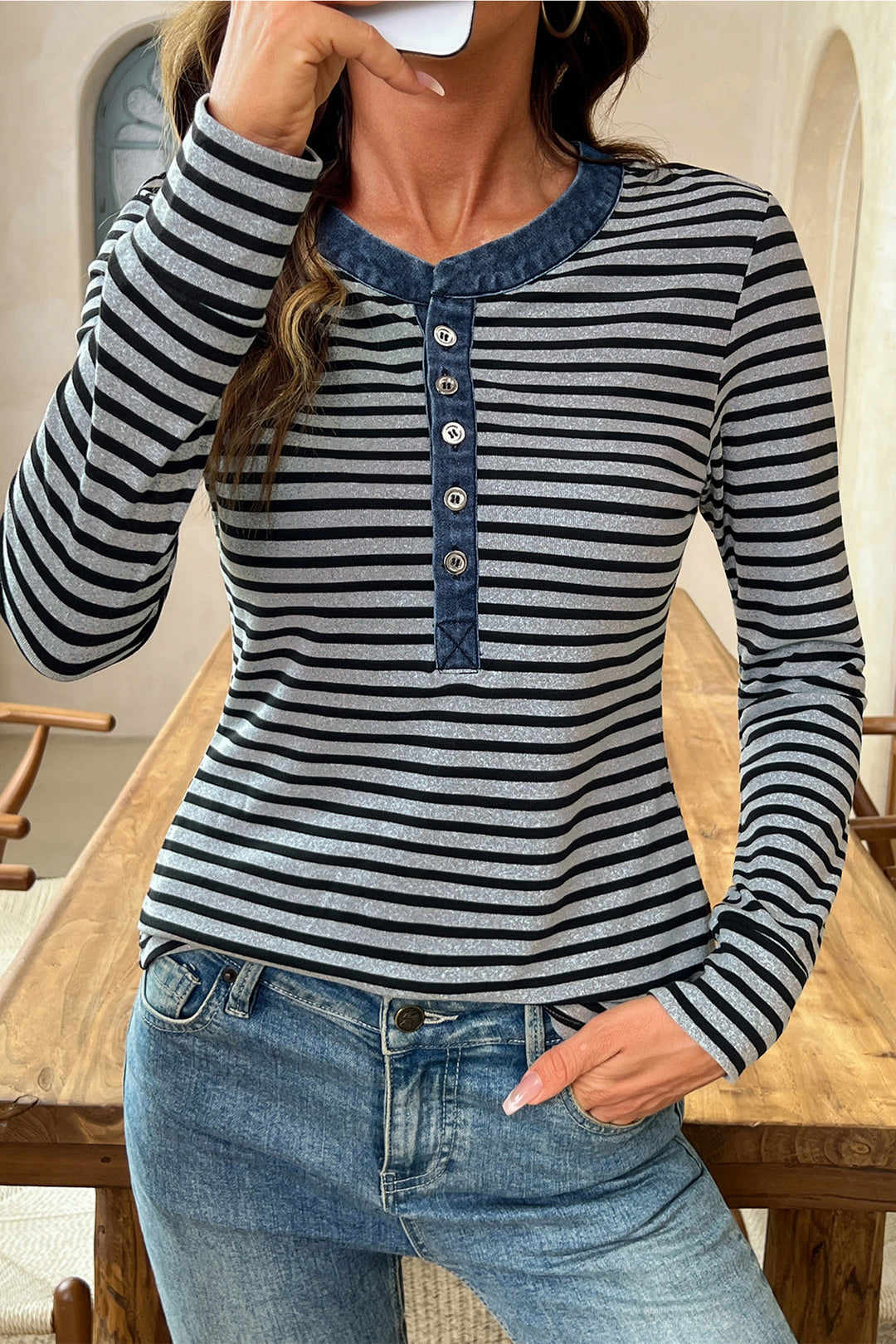 Gray Stripe Denim Contrast Collar Half Button Long Sleeve Top