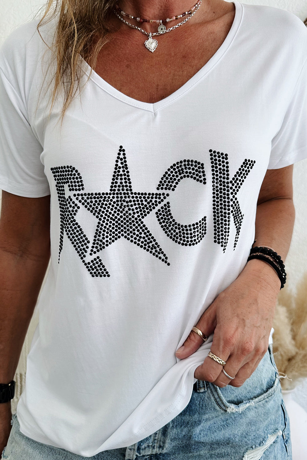 White Rhinestoned ROCK Star Graphic V Neck T Shirt