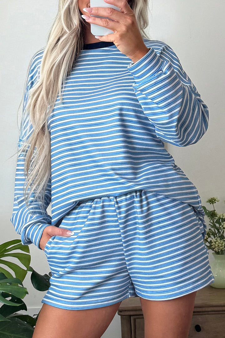 Sky Blue Stripe Long Sleeve Oversized Top Pocketed Casual Shorts Two Piece Set