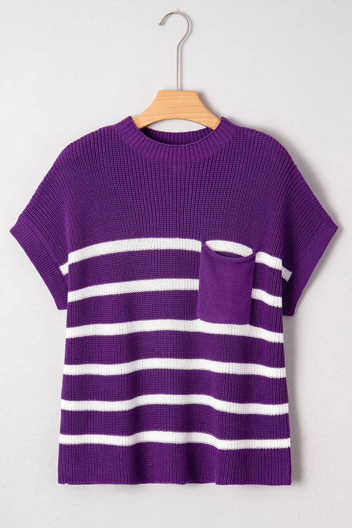 Purple Stripe Raw Edge Patched Pocket Short Sleeve Knit Sweater