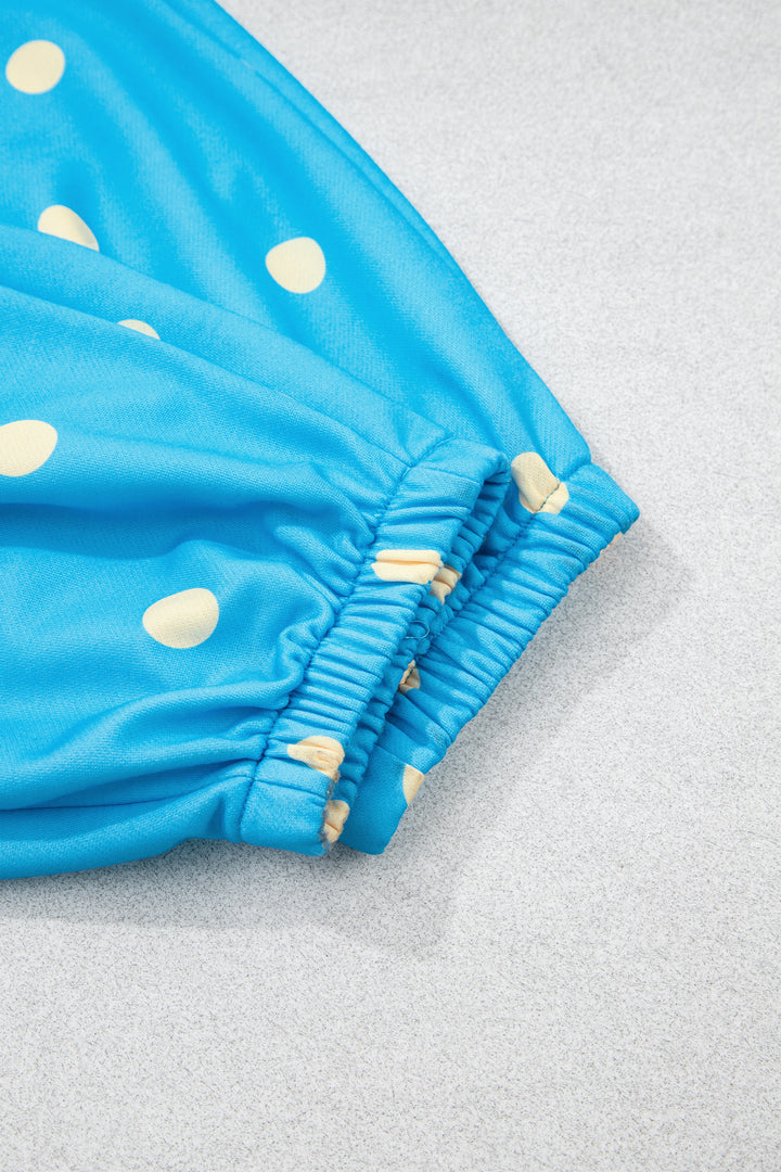 Blue Polka Dot Hooded Drawstring Long Sleeve Plus Size Set