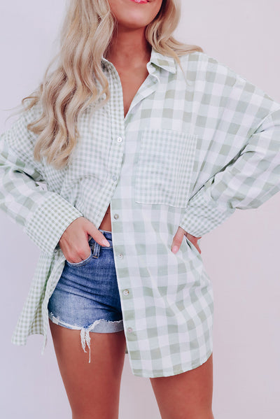 Green Mix Checked Patchwork Long Sleeve Shirt