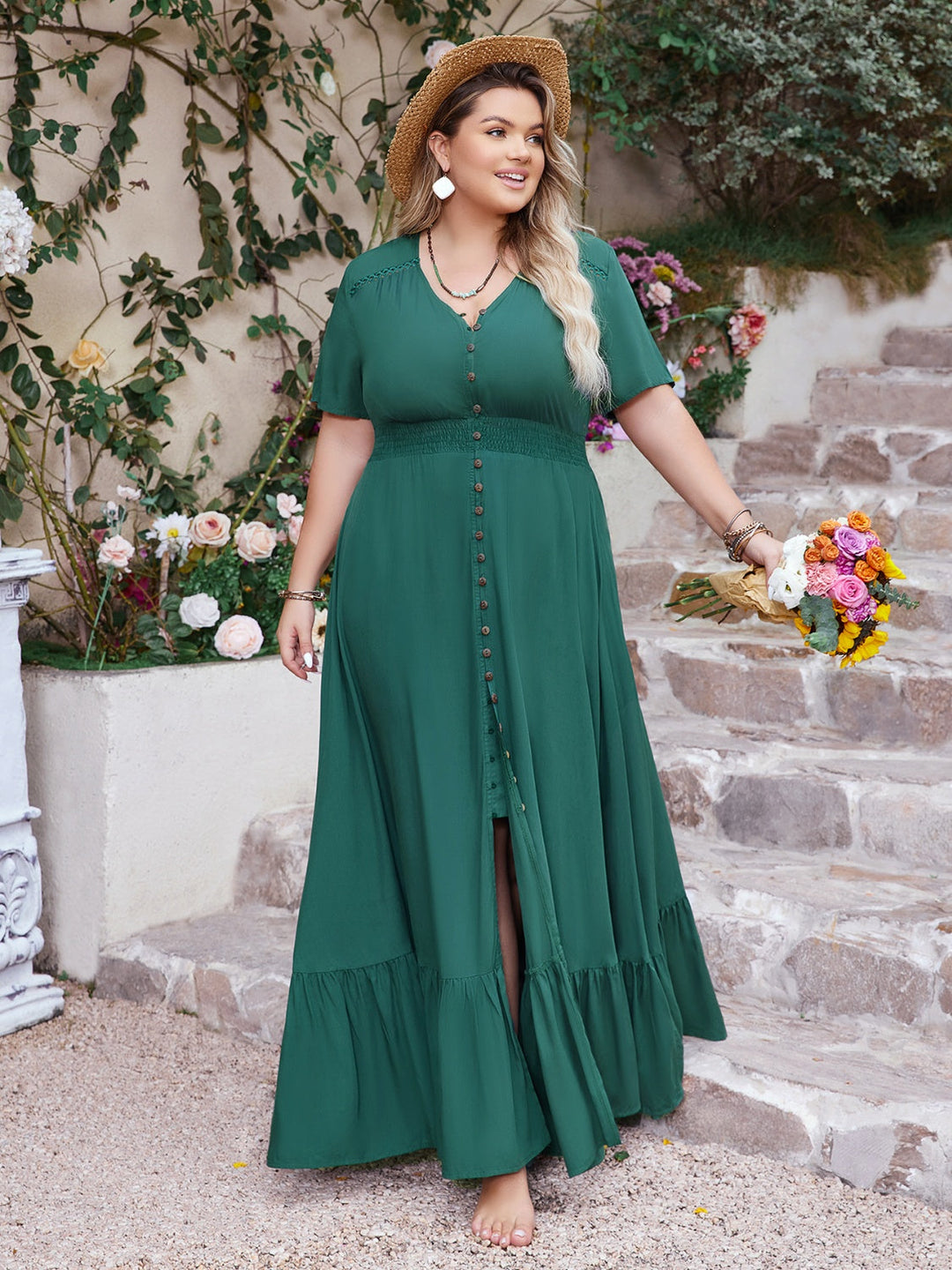 Button Detail V-Neck Short Sleeve Maxi Dress