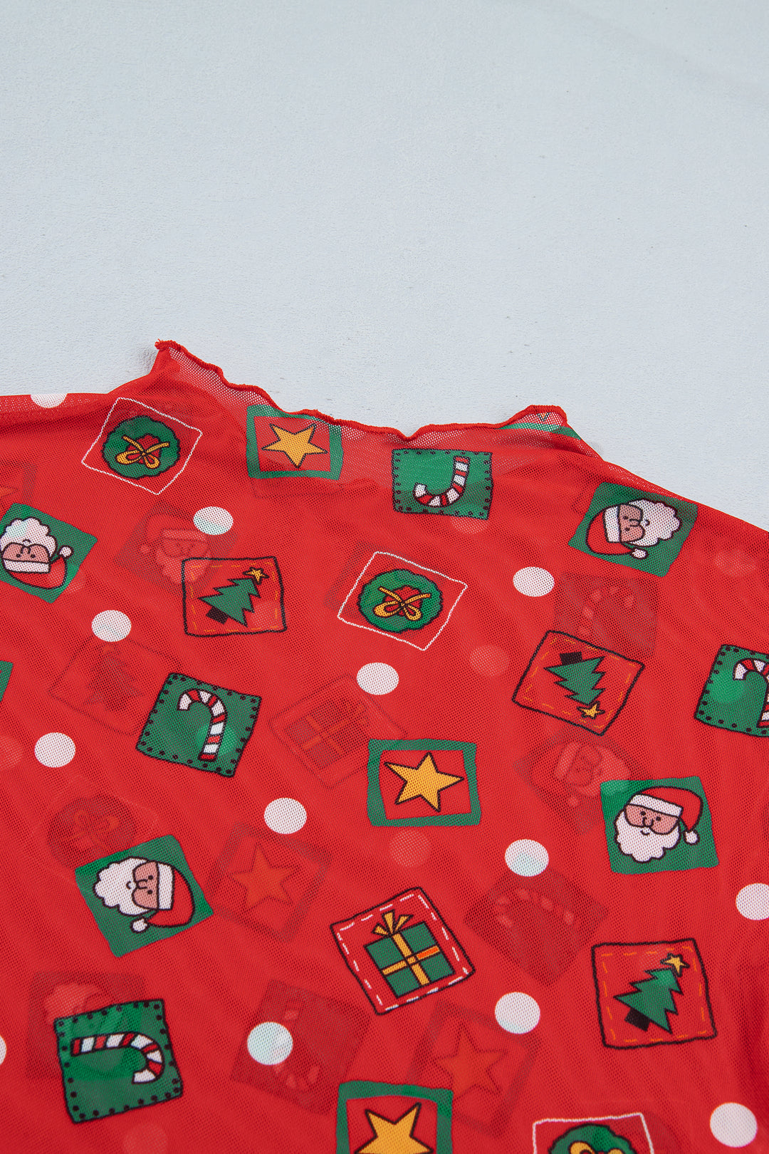 Fiery Red Christmas Elements Printed Long Sleeve Sheer Mesh Top