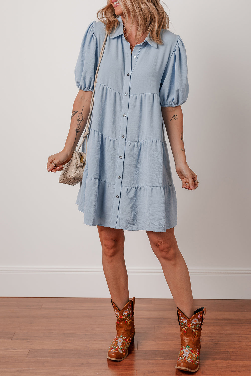 Arya Shirt Collar Button Up Puff Sleeve Tiered Dress