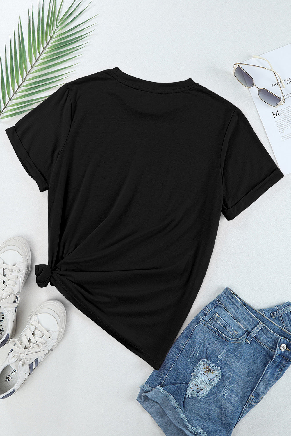 Black Casual Plain Crew Neck Tee