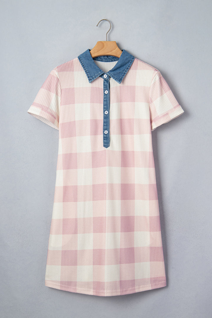 Pink Waffle Plaid Print Contrast Denim Shirt Collar Buttoned T Shirt Mini Dress
