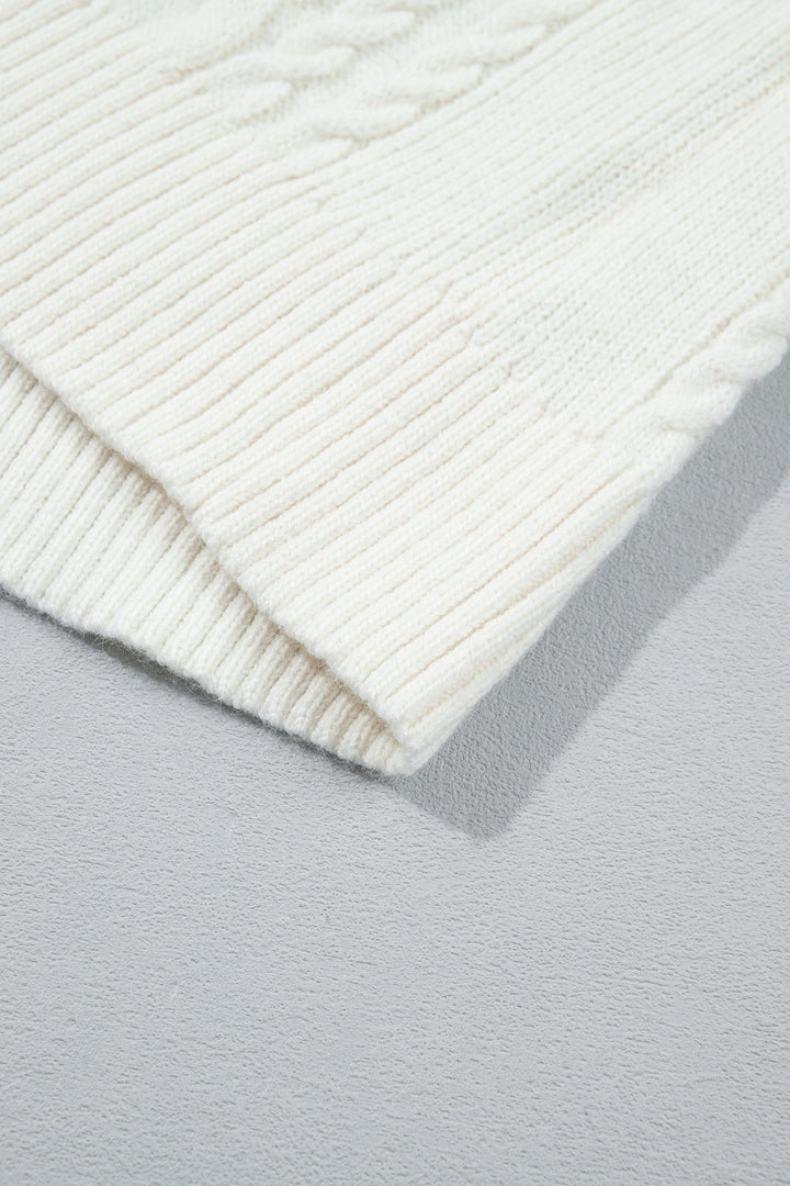Beige Solid Color Cable Detail Knit Loose Round Neck Sweater