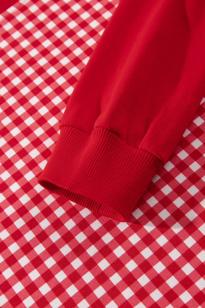 Red Color Block Plaid Patchwork Long Sleeve Pullover Wide Leg Pant Set