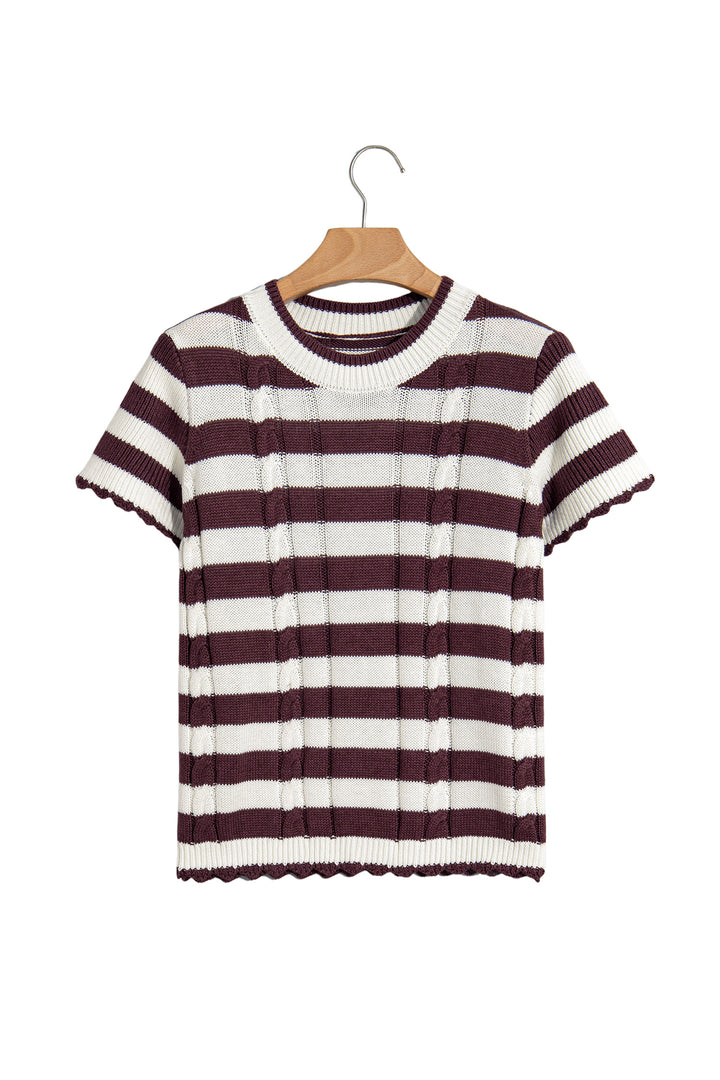 Brown Stripe Ribbed Knit Cable Detail Short Sleeve Sweater