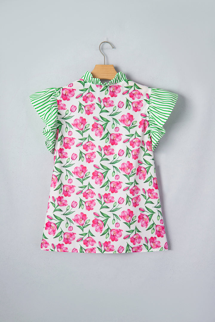 Multicolour Sweet Floral Print Striped Ruffle Trim V Neck Blouse