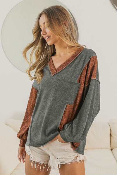 Brown V Neck Color Block Patchwork Loose Pullover