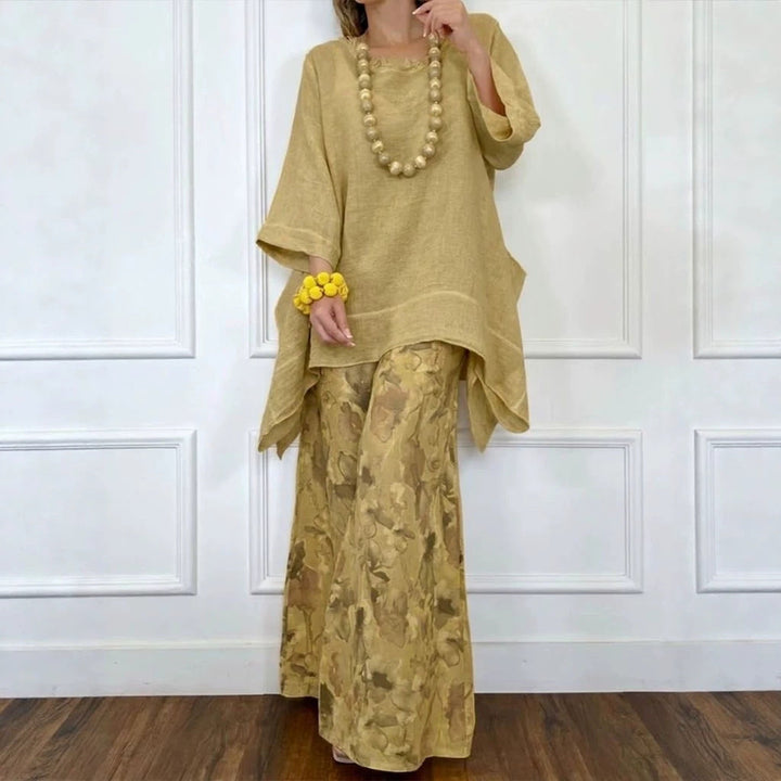 Cotton-Linen Irregular Hem Drop-Shoulder Top &amp; Wide-Leg Pants Set | 3 Colors