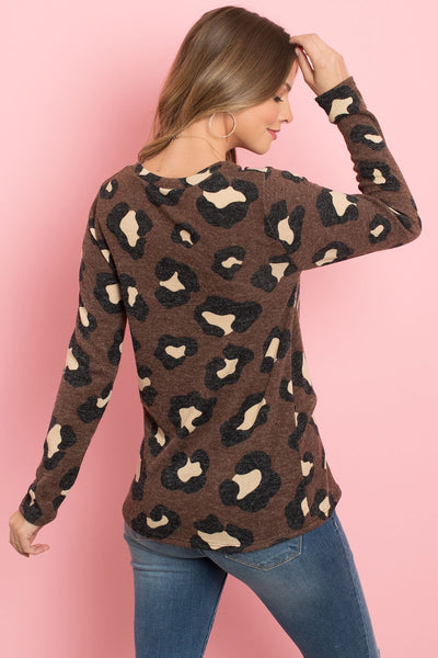 Long Sleeve Round Neck Leopard Knot Top