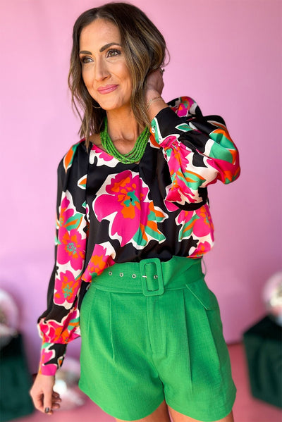 Black Flower Print Puff Sleeve Blouse