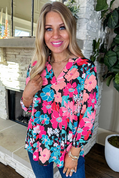 Pink Floral V Neck Roll Tab Sleeve Blouse