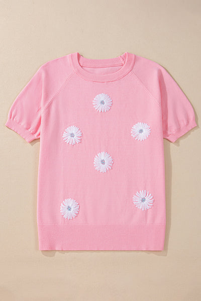 Pink Flower Pattern Short Sleeve Knitted Top