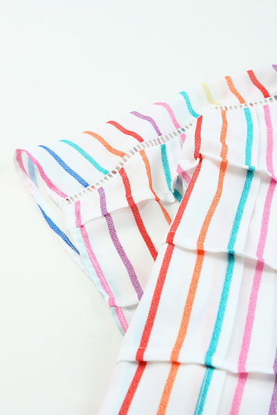 Multicolor Striped Pintuck Tiered Cap Sleeve Blouse