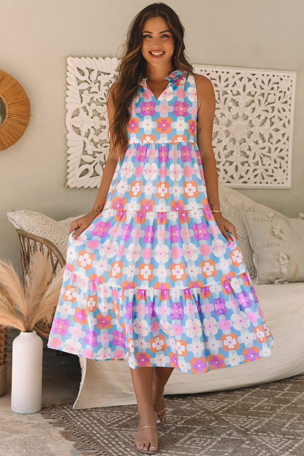 Lottie Floral Print Frilly Neck Sleeveless Tiered Maxi Dress