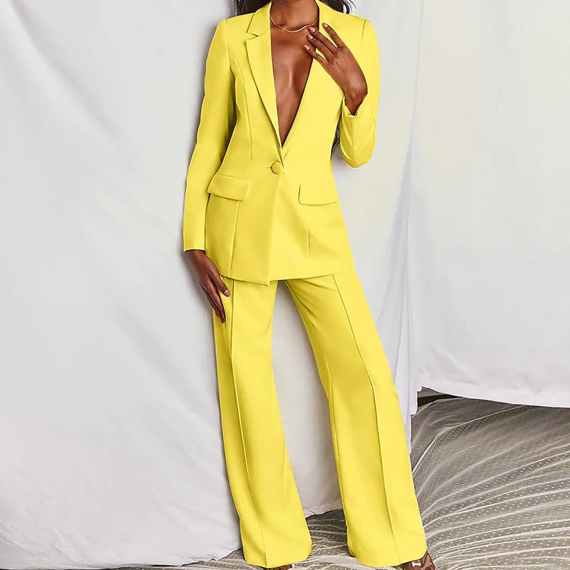 Lapel Button-Down Blazer &amp; Straight-Leg Trousers Suit