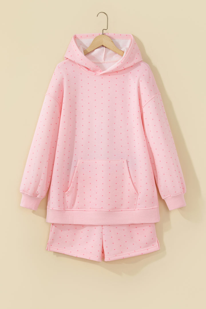 Pink Polka Dot Printed Oversized Hoodie Casual Shorts 2pcs Set