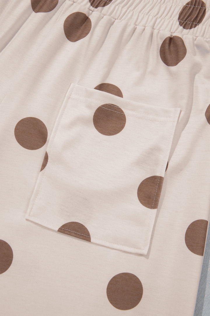 Beige Polka Dot Wide Leg Elastic Waist Casual Pants