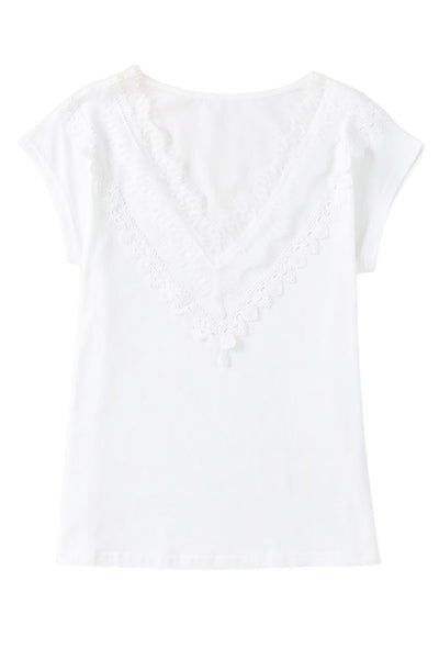 White Eyelash Lace Trim V Neck Top