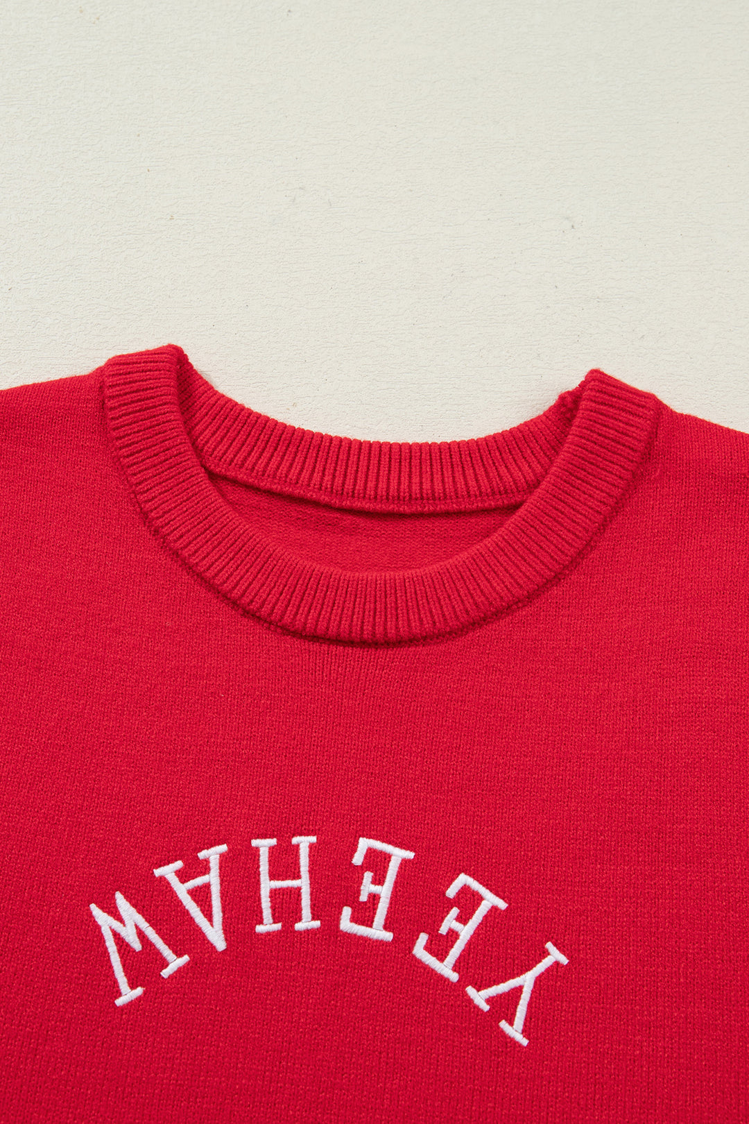 Fiery Red YEEHAW Embroidered Letter Loose Short Sleeve Sweater