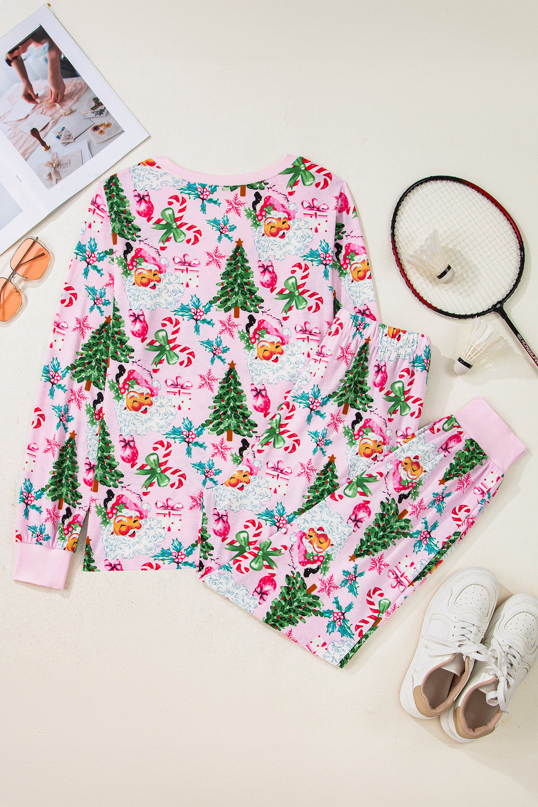 Pink Christmas Pattern Button V Neck Pullover Drawstring Pants 2pcs Lounge Set