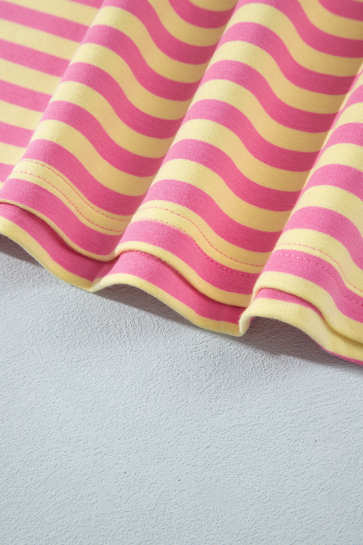 Pink Stripe Colorblock Trim Crew Neck Loose Tee Drawstring Elastic Waist 2pcs Pant Set