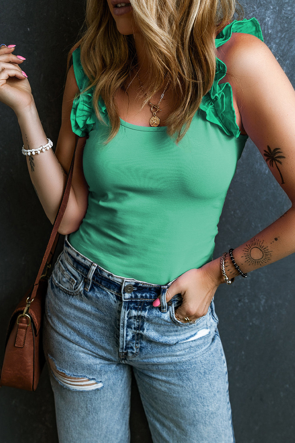 Mint Green Ruffled Wide Straps Slim Tank Top