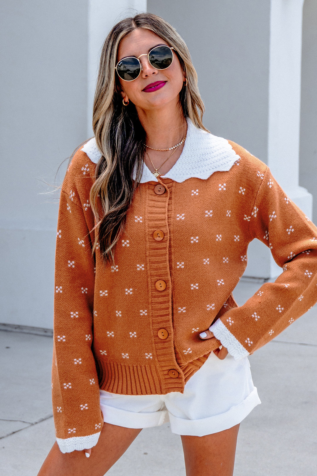 Russet Orange Peter Pan Collar Colorblock Long Sleeve Knitwear Cardigan