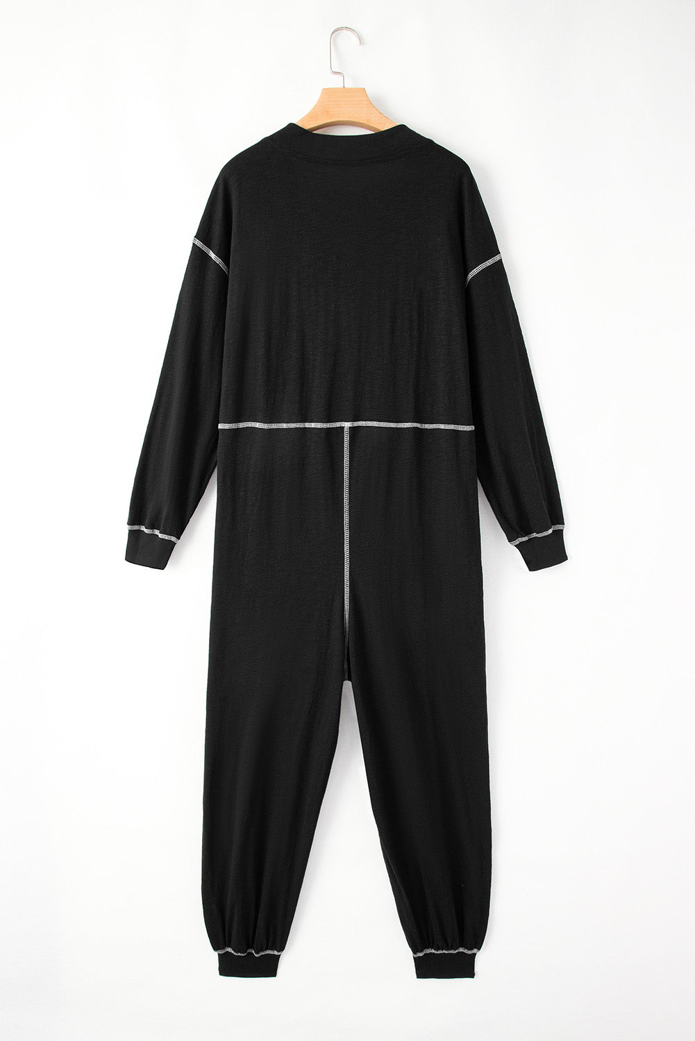 Black Flatlock Seam Detail V Neck Baggy Jumpsuit