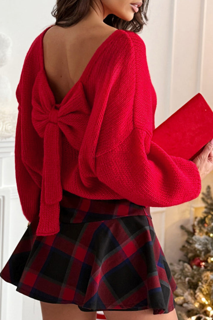Black Festive Bow Backless Bubble Sleeve Sweater