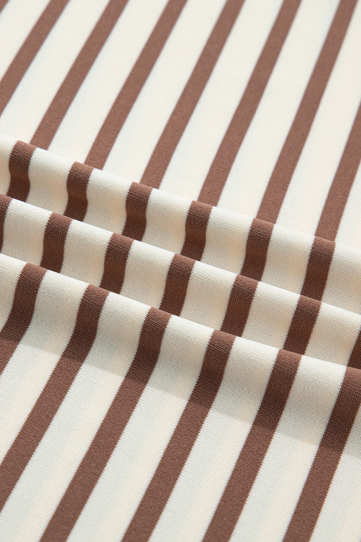 Khaki Stripe Half Buttons Round Neck T Shirt