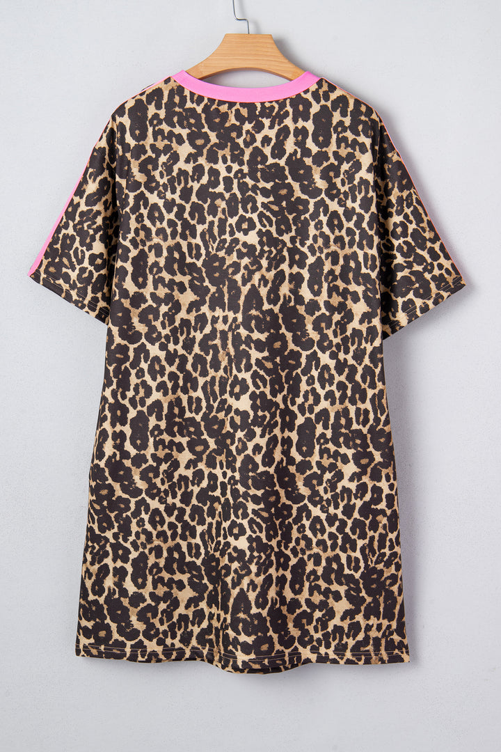 Apricot Leopard Print Contrast Varsity Striped Detail Loose T Shirt Dress