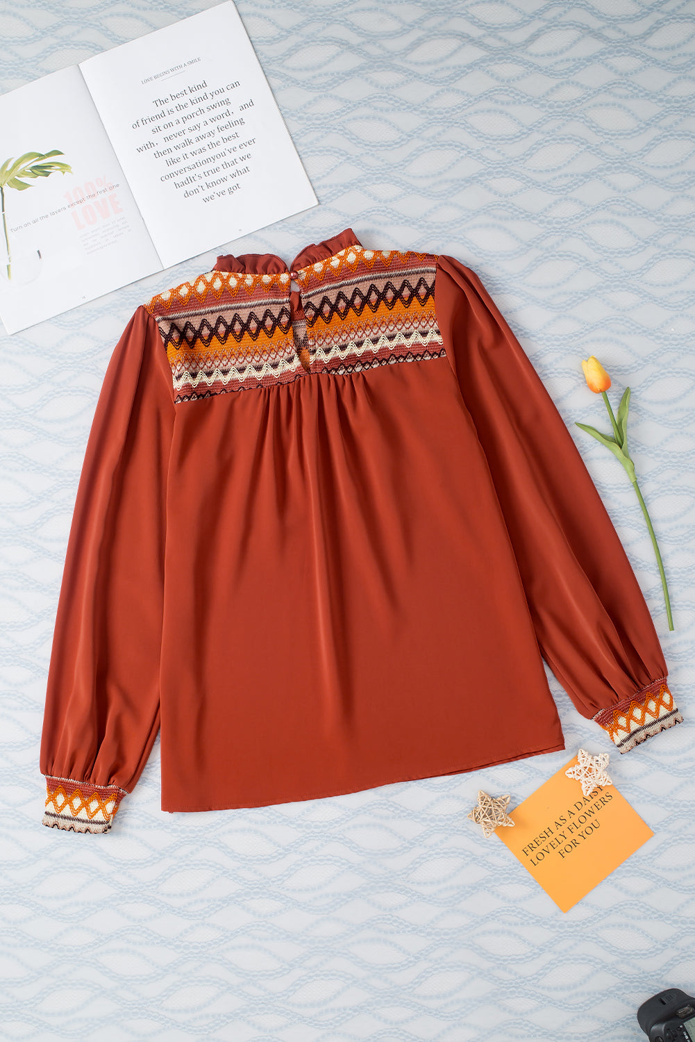 Red Clay Western Geometric Print Bubble Sleeve Frilled Neck Blouse