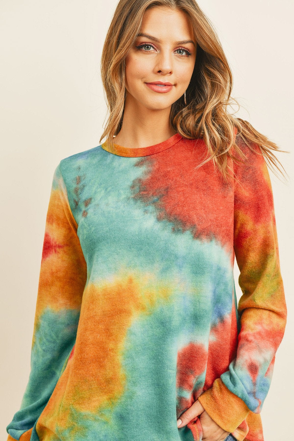 Long Sleeve Boat Neck Tie Dye Round Hem Top