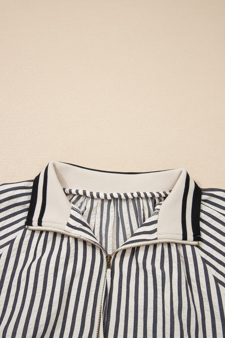 Black Stripe Polo Collar Half Zip Short Puff Sleeve Blouse