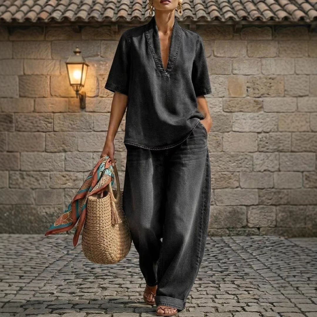 Retro V-Neck Washed Denim Top &amp; Wide-Leg Pants Set – 3 Colors, S–3XL