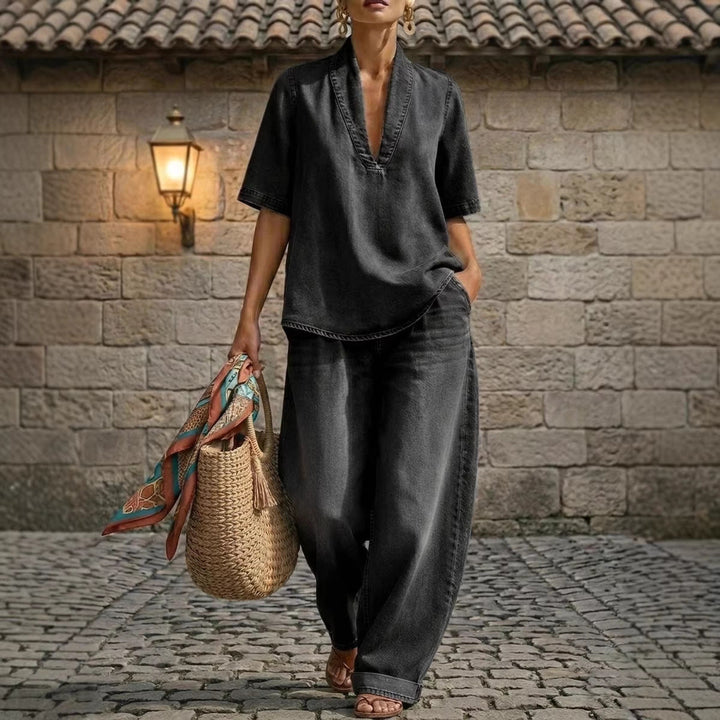 Retro V-Neck Washed Denim Top &amp; Wide-Leg Pants Set – 3 Colors, S–3XL