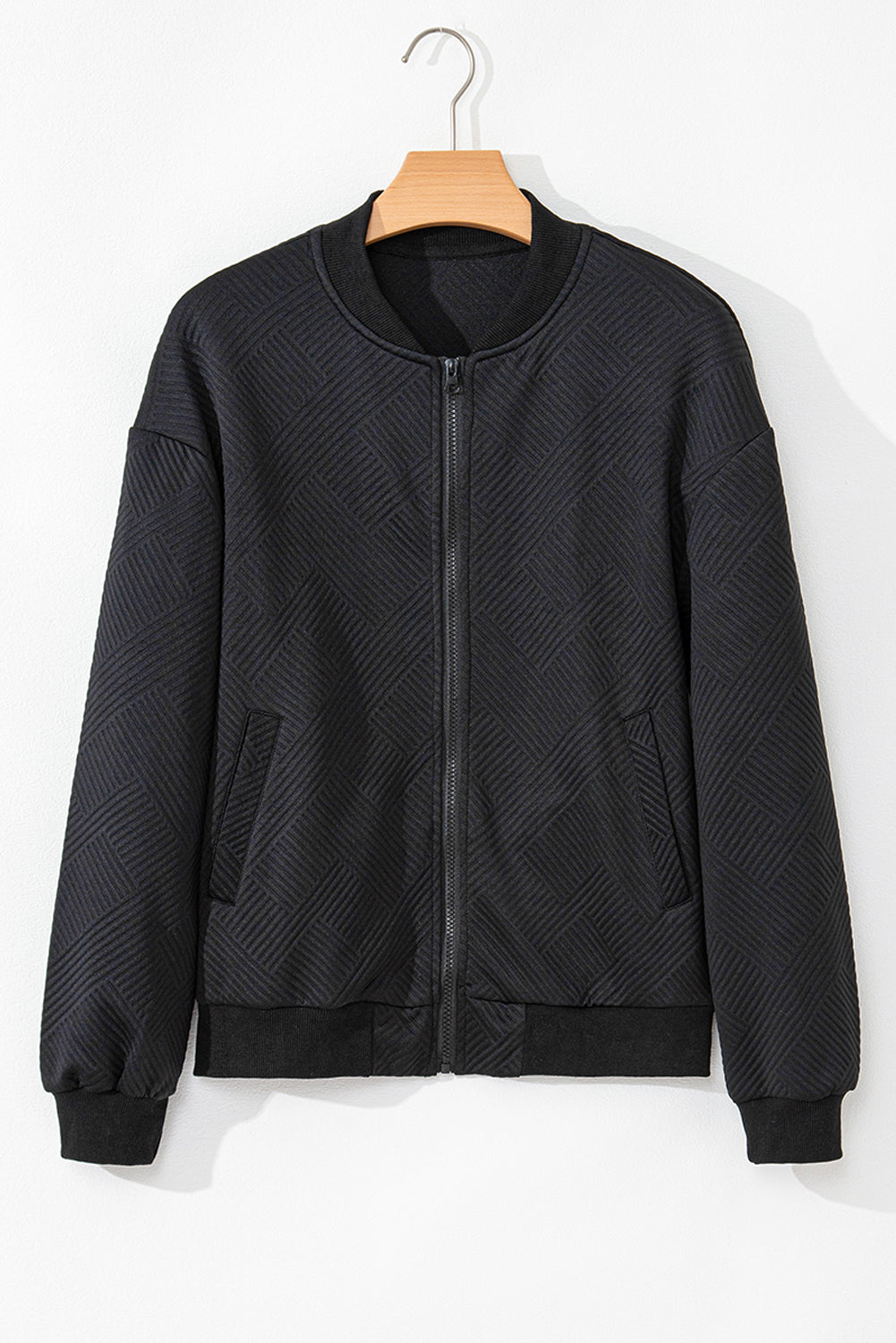 Black Solid Textured Stand Neck Zipper Bomber Jacket