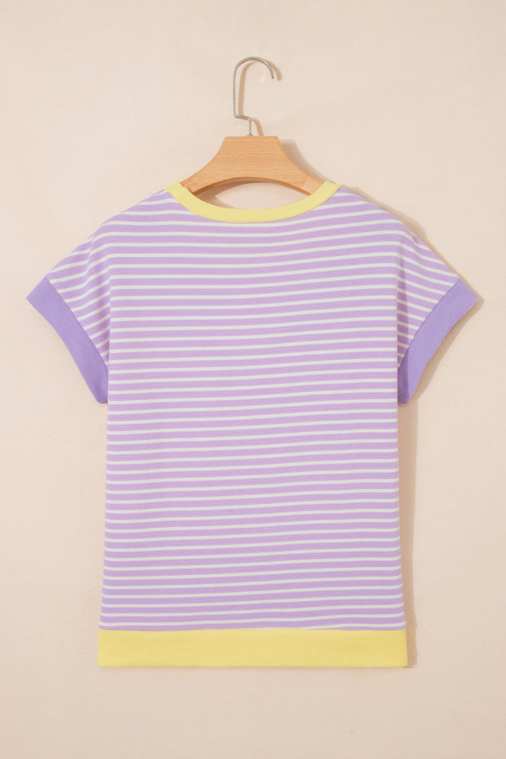 Purple Stripe Striped Colorblock Paneling Collar Cuff Hem Texture T-Shirt