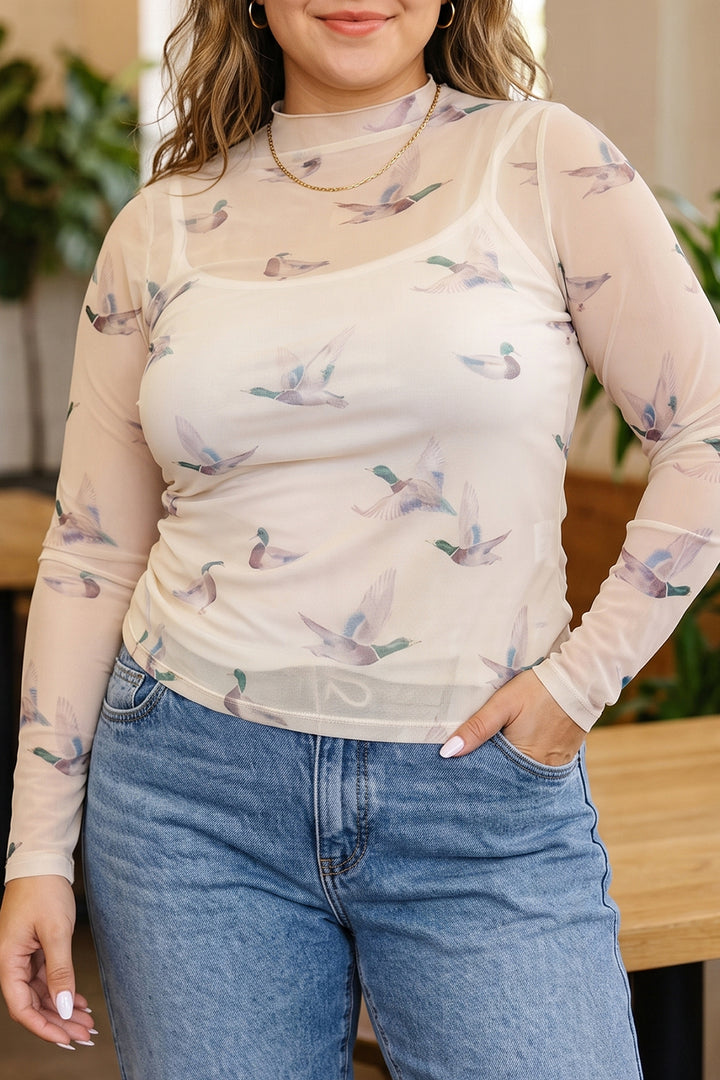 Beige Mesh Duck Print Tunic Long Sleeve Plus Size Blouse