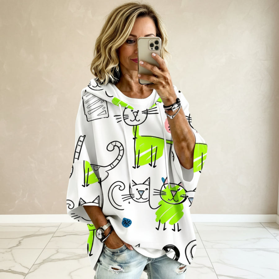 Cartoon Cat Print Hoodie with 3/4 Sleeves &amp; Drawstring