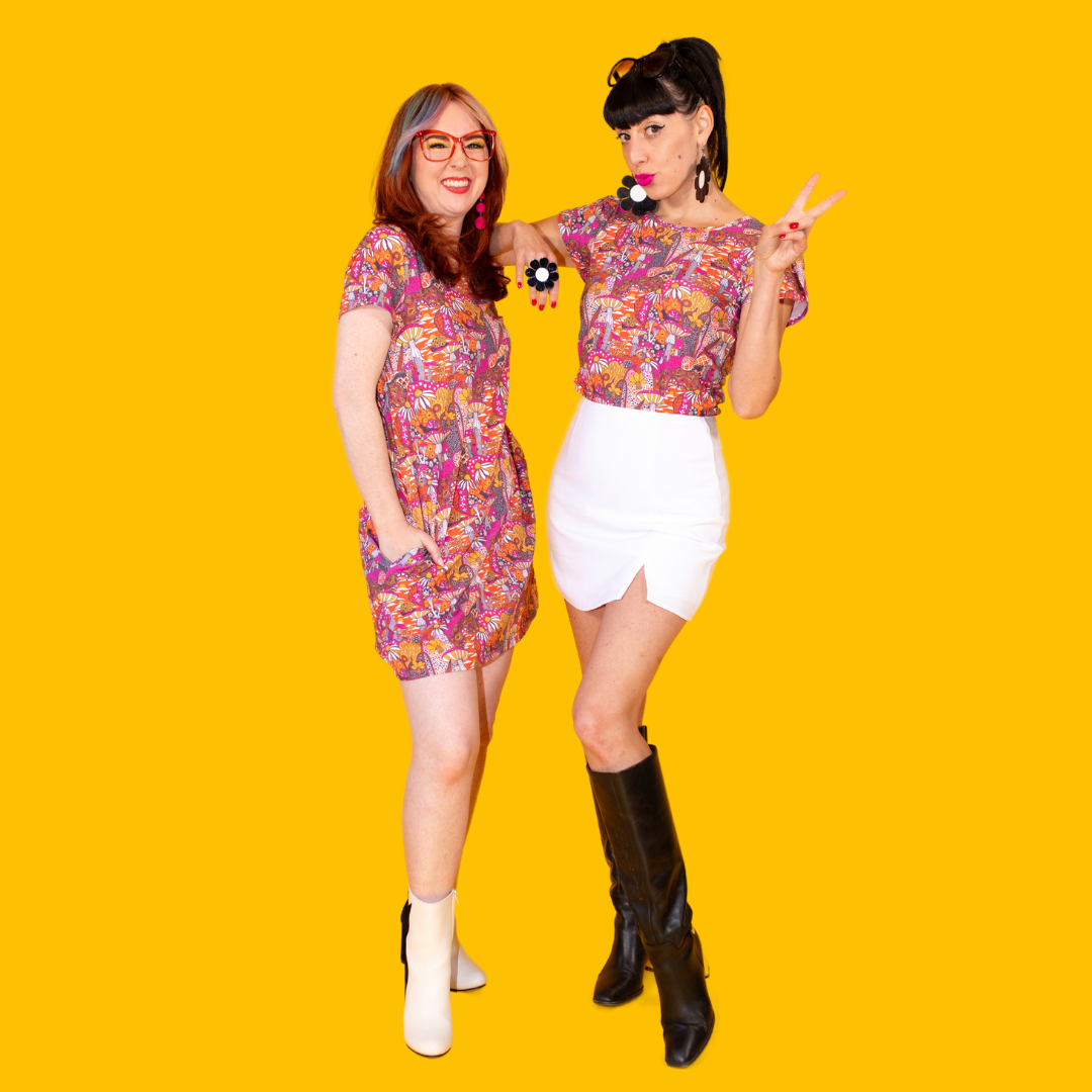 Groovy Mushroom Print Cropped Tulip Sleeve in Sunset