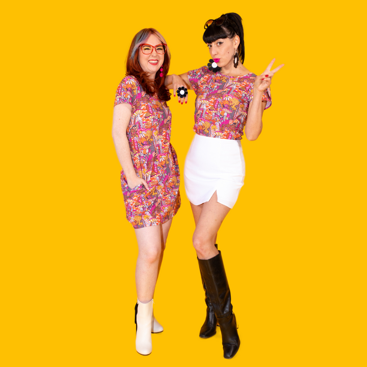 Groovy Mushroom Print Cropped Tulip Sleeve in Sunset