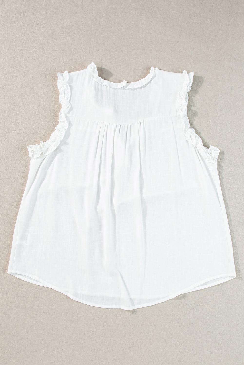 White Button Split Neck Ruffled Trim Tank Top